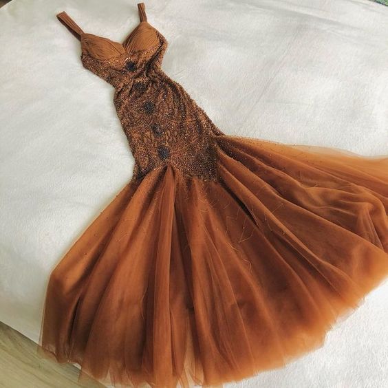Elegant Brown Mermaid Spaghetti Strap Chiffon Tulle Beaded Long Prom Dress Birthday Dress ED01674