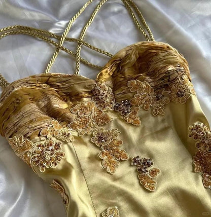 Gold Vintage Floral Satin Applique Spaghetti Straps Chiffon Prom Dresses Party Dresses ED01676