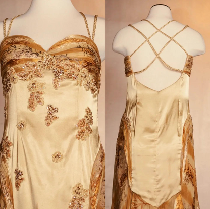 Gold Vintage Floral Satin Applique Spaghetti Straps Chiffon Prom Dresses Party Dresses ED01676