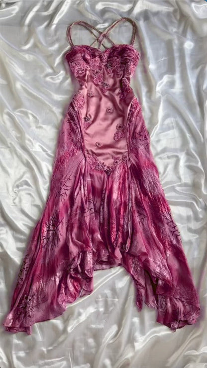 Gold Vintage Floral Satin Applique Spaghetti Straps Chiffon Prom Dresses Party Dresses ED01676