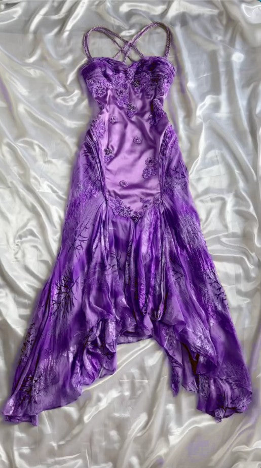 Gold Vintage Floral Satin Applique Spaghetti Straps Chiffon Prom Dresses Party Dresses ED01676