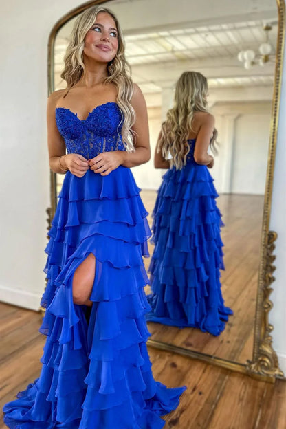 A-Line Sweetheart Neck Chiffon Lace Blue Long Prom Dress, Blue Long Graduation Dress ED01677