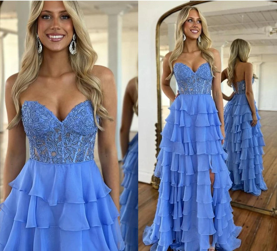 A-Line Sweetheart Neck Chiffon Lace Blue Long Prom Dress, Blue Long Graduation Dress ED01677