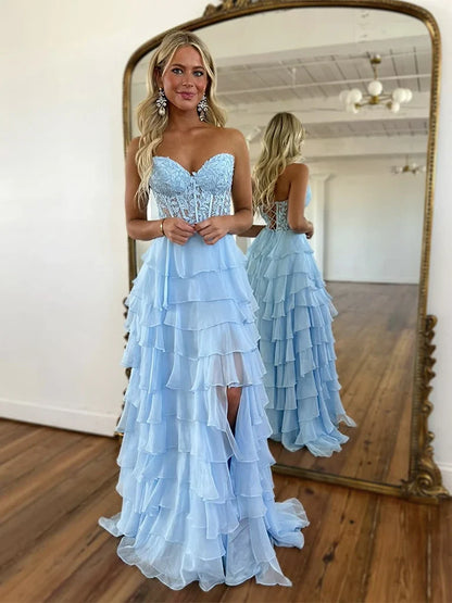 A-Line Sweetheart Neck Chiffon Lace Blue Long Prom Dress, Blue Long Graduation Dress ED01677