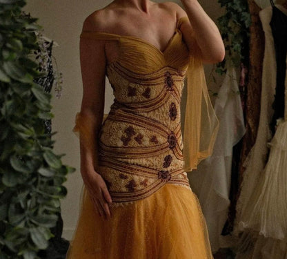 Vintage Yellow Mermaid Tulle Chiffon Long Prom Dress Pretty Birthday Dress ED01679