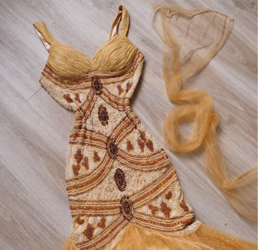 Vintage Yellow Mermaid Tulle Chiffon Long Prom Dress Pretty Birthday Dress ED01679