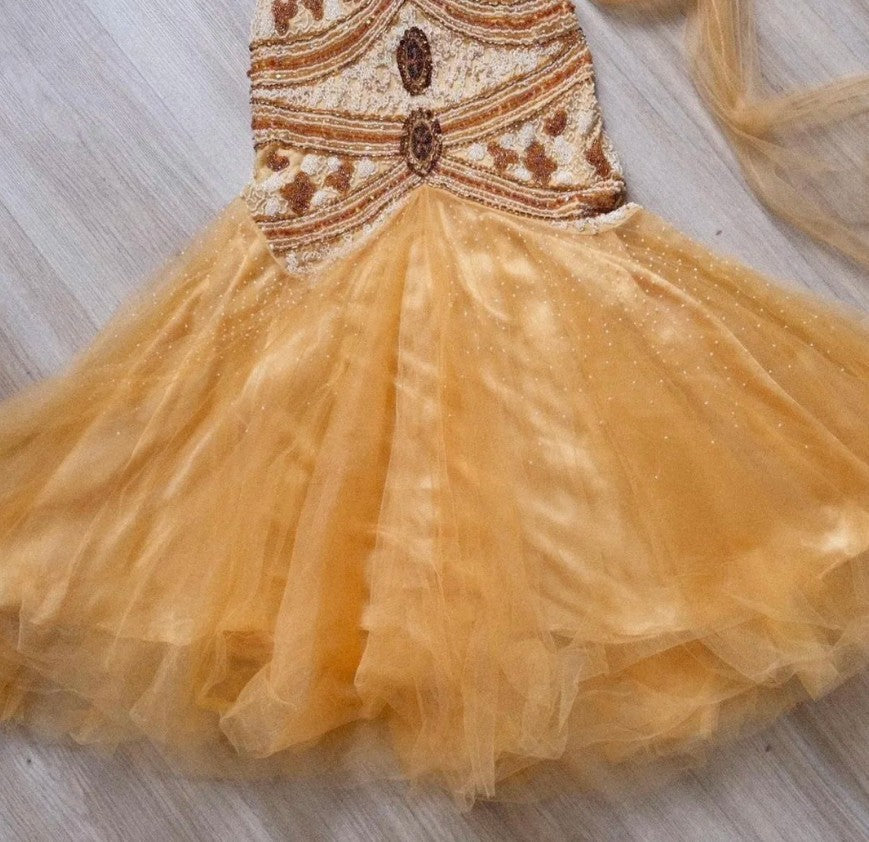 Vintage Yellow Mermaid Tulle Chiffon Long Prom Dress Pretty Birthday Dress ED01679