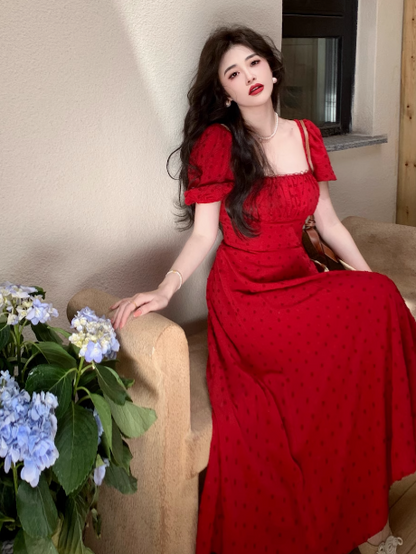 French retro square neck waist slim print dress seaside holiday dress ED0167