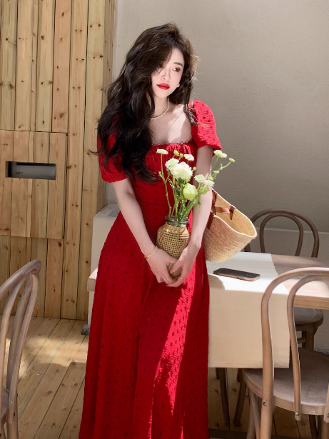 French retro square neck waist slim print dress seaside holiday dress ED0167