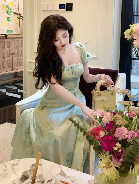 French retro square neck waist slim print dress seaside holiday dress ED0167