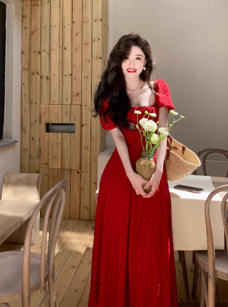 French retro square neck waist slim print dress seaside holiday dress ED0167