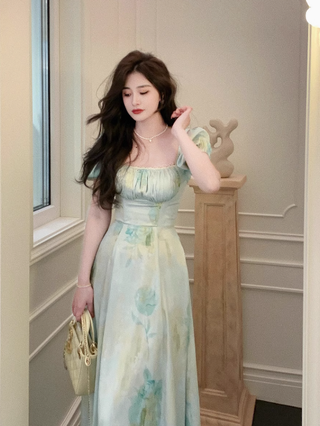 French retro square neck waist slim print dress seaside holiday dress ED0167