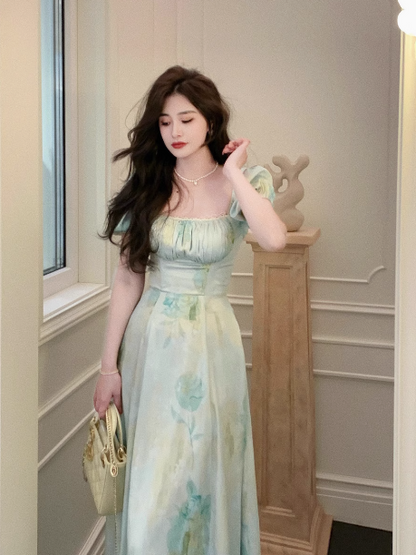 French retro square neck waist slim print dress seaside holiday dress ED0167