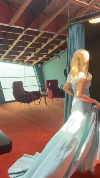 Elegant Blue A-Line Off-shoulder Long Prom Dresses Vintage Satin Chiffon Formal Evening Dresses ED01681