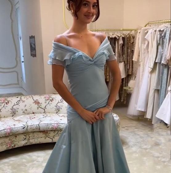 Elegant Blue A-Line Off-shoulder Long Prom Dresses Vintage Satin Chiffon Formal Evening Dresses ED01681