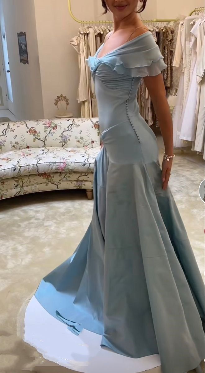 Elegant Blue A-Line Off-shoulder Long Prom Dresses Vintage Satin Chiffon Formal Evening Dresses ED01681
