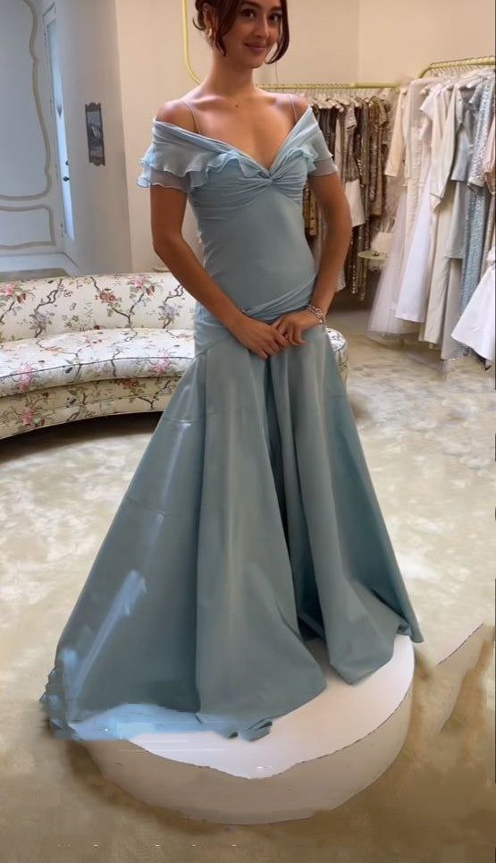 Elegant Blue A-Line Off-shoulder Long Prom Dresses Vintage Satin Chiffon Formal Evening Dresses ED01681