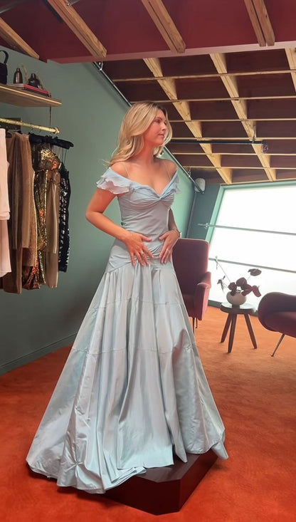 Elegant Blue A-Line Off-shoulder Long Prom Dresses Vintage Satin Chiffon Formal Evening Dresses ED01681