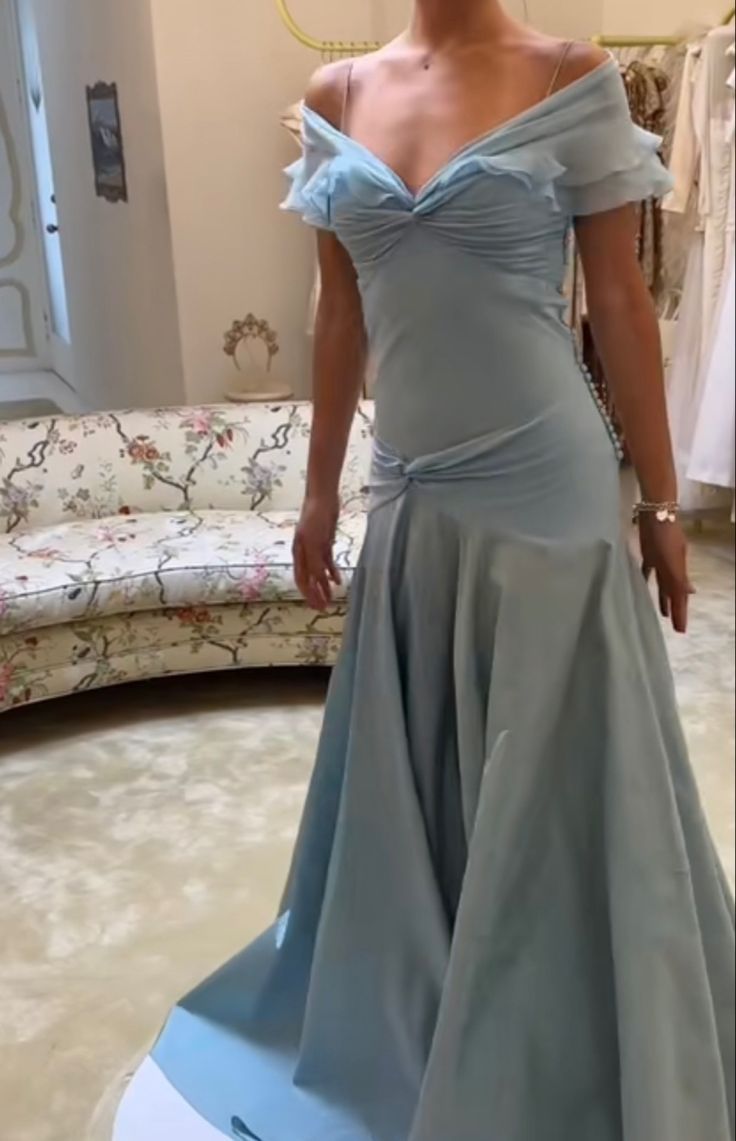 Elegant Blue A-Line Off-shoulder Long Prom Dresses Vintage Satin Chiffon Formal Evening Dresses ED01681