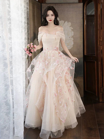 Champagne A-Line Tulle Sequins Long Prom Dress Embroidery Applique Formal Evening Dress ED01682