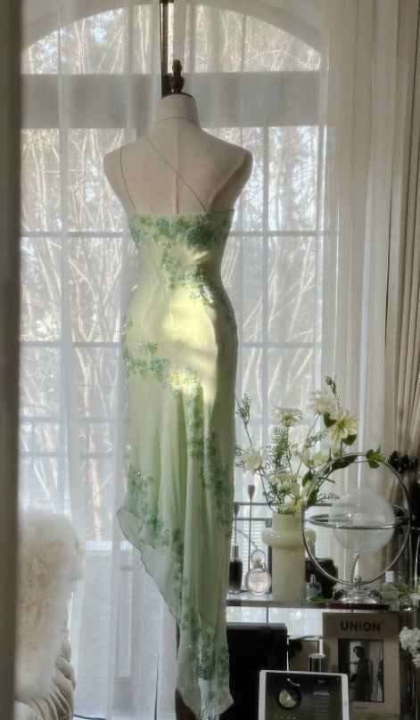 Fairytale Light Green Simple Bodycon Party Dresses Elegant One Shoulder Chiffon Applique Beaded Prom Dress ED01685