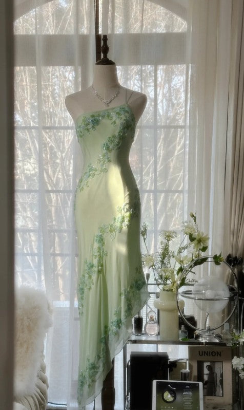 Fairytale Light Green Simple Bodycon Party Dresses Elegant One Shoulder Chiffon Applique Beaded Prom Dress ED01685