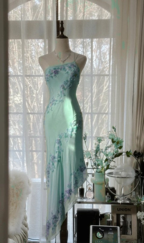 Fairytale Light Green Simple Bodycon Party Dresses Elegant One Shoulder Chiffon Applique Beaded Prom Dress ED01685