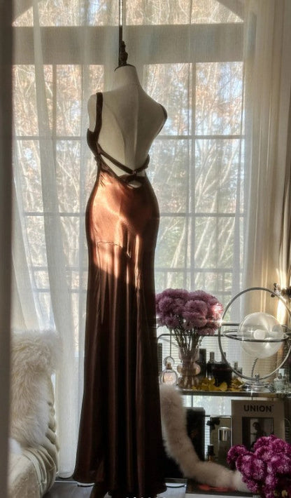 Vintage Chocolate Mermaid Sweetheart Neck Satin Long Prom Dress Elegant Evening Gown ED01688