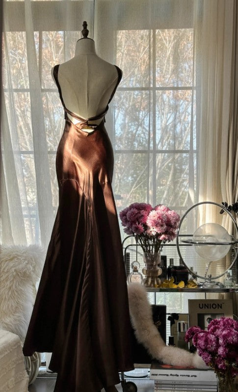 Vintage Chocolate Mermaid Sweetheart Neck Satin Long Prom Dress Elegant Evening Gown ED01688