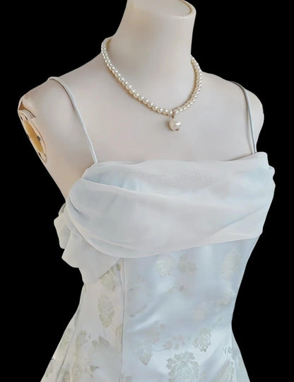 Gentle Blue A-Line Spaghetti Strap Satin Chiffon Long Prom Dress Birthday Dress Graduation Prom Dress ED01689