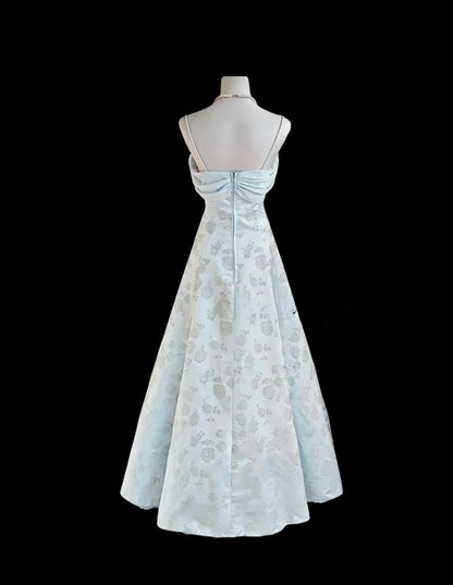 Gentle Blue A-Line Spaghetti Strap Satin Chiffon Long Prom Dress Birthday Dress Graduation Prom Dress ED01689