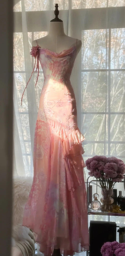 Vintage Pink Spaghetti Strap Mermaid Party Dresses  Fairytale Chiffon Beaded Long Prom Dresses  ED01690