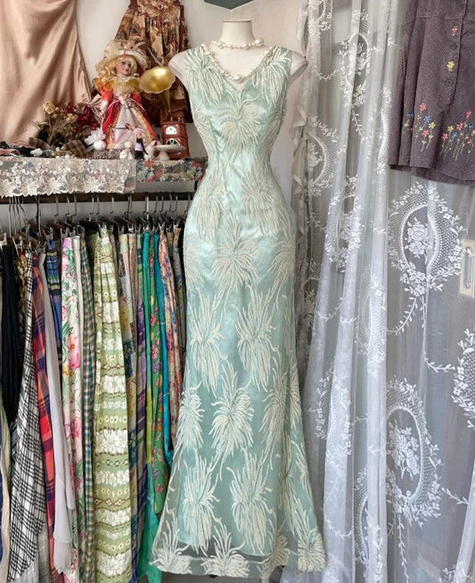 Vintage Mermaid V-neck Satin Tulle Long Prom Dress ED01691