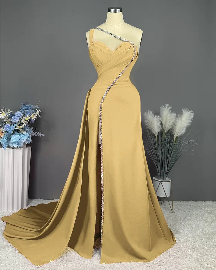 Elegant Pink Long One Shoulder Sleeveless Prom Dress Long Slit Online ED01692
