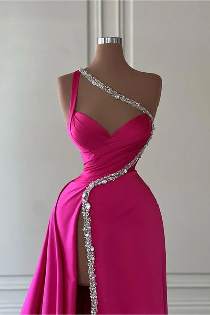 Elegant Pink Long One Shoulder Sleeveless Prom Dress Long Slit Online ED01692