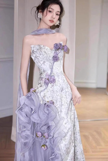 Elegant Purple Mermaid Strapless Satin Tulle Long Prom Dress Applique Evening Gown ED01693