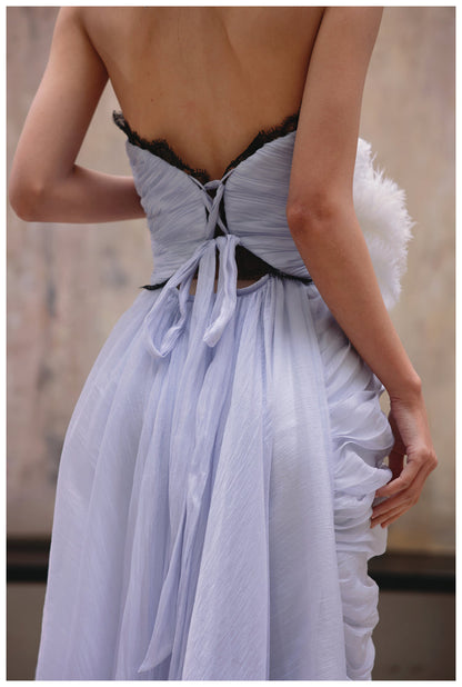 Purple A-Line Strapless Chiffon Pleated Long Prom Dress Chic Lace Graduation Prom Dress ED01695