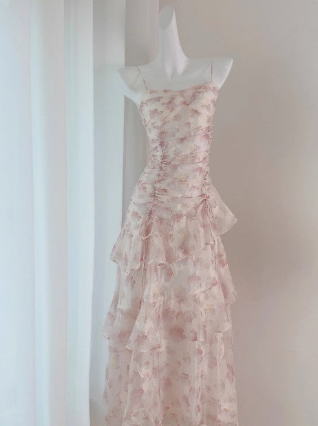 French Floral Dress Suspender Chiffon Long Dress ED01699