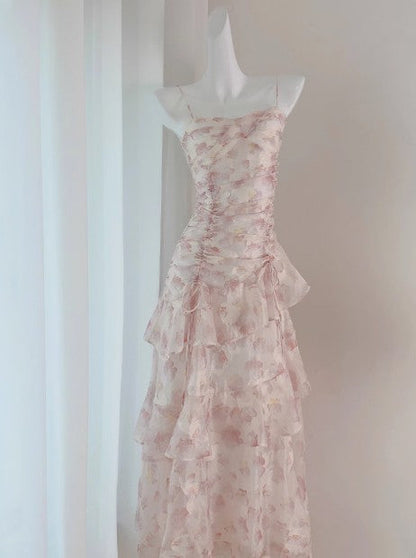 French Floral Dress Suspender Chiffon Long Dress ED01699