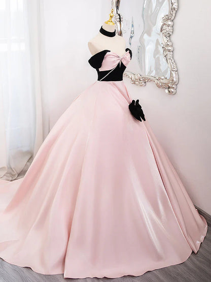 A-Line Sweetheart Neck Satin Pink Long Prom Dress, Pink Long Formal Dress ED017