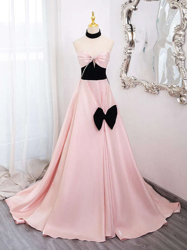 A-Line Sweetheart Neck Satin Pink Long Prom Dress, Pink Long Formal Dress ED017