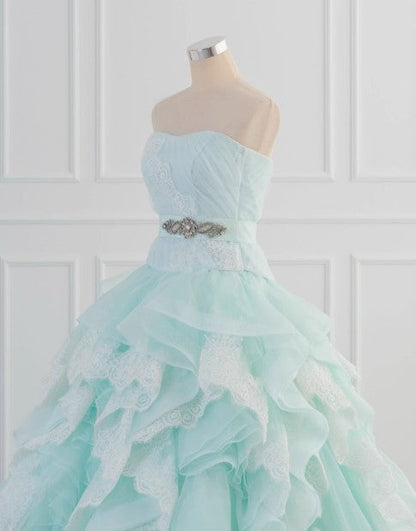 Light Blue A-Line Strapless Tulle Lace Long Prom Dress Vintage Wedding Dress ED01700