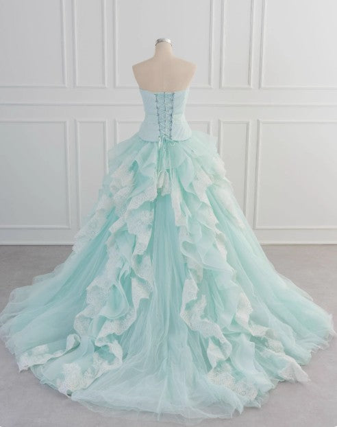 Light Blue A-Line Strapless Tulle Lace Long Prom Dress Vintage Wedding Dress ED01700
