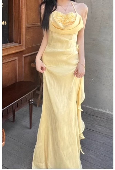 Yellow Simple Bodycon Dress Spaghetti Strap Chiffon Long Prom Dress Applique Graduation Prom Dress ED01703