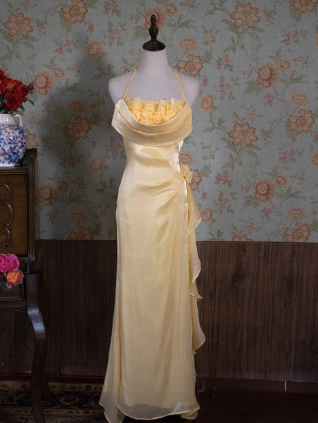 Yellow Simple Bodycon Dress Spaghetti Strap Chiffon Long Prom Dress Applique Graduation Prom Dress ED01703