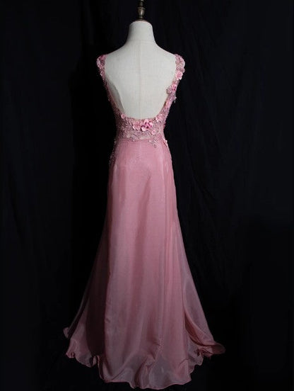 Gray Pink Retro Mermaid V-neck Chiffon Beaded Long Prom Dress Sweet Applique Birthday Dress ED01705