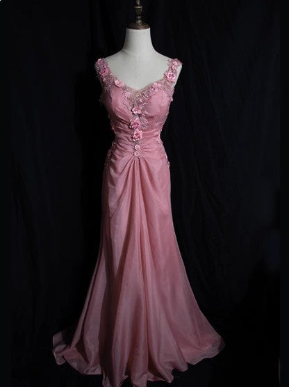 Gray Pink Retro Mermaid V-neck Chiffon Beaded Long Prom Dress Sweet Applique Birthday Dress ED01705