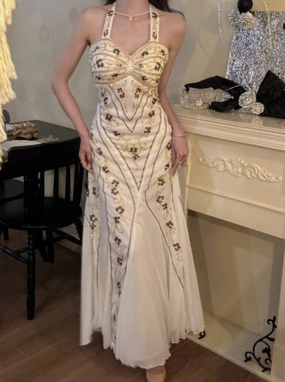 Mermaid Halter Neck Tulle Beading Vintage Long Prom Dress Birthday Dress ED01710