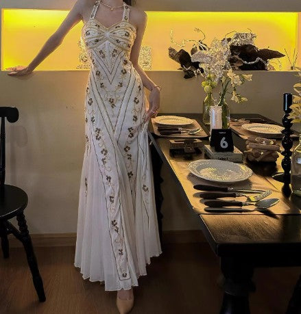 Mermaid Halter Neck Tulle Beading Vintage Long Prom Dress Birthday Dress ED01710