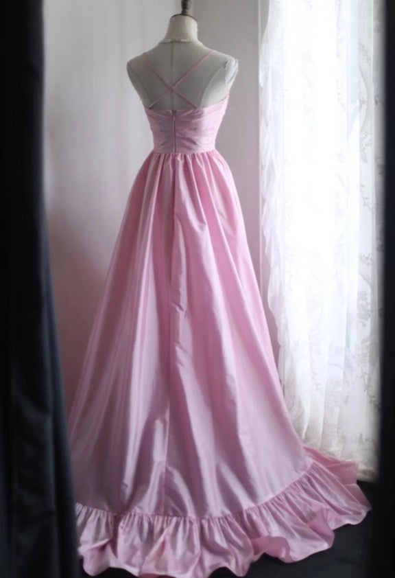 A-Line Spaghetti Strap Satin Long Wedding Dress Birthday Quinceanera Dress Prom Dress ED01712